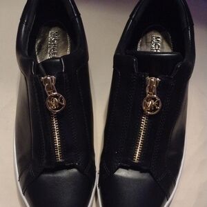 Michael Kors Black Leather Sneakers with Gold Zipper